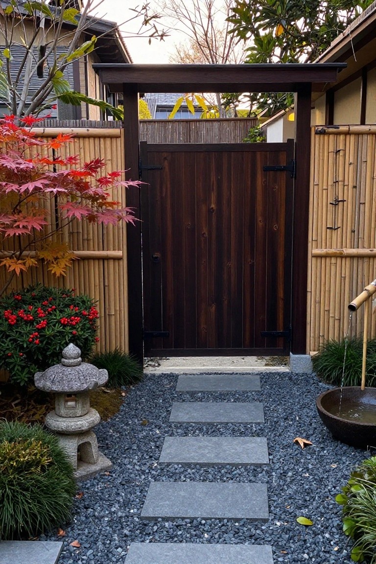 A dark wooden gate with vertical planks stands within a simple frame at the end of a gravel path with gray stepping stones, flanked by bamboo fencing and garden plants.
