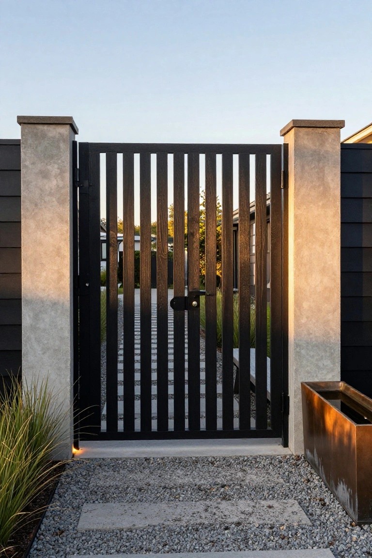 A black wooden gate with vertical slats set between two concrete pillars along a gravel path.