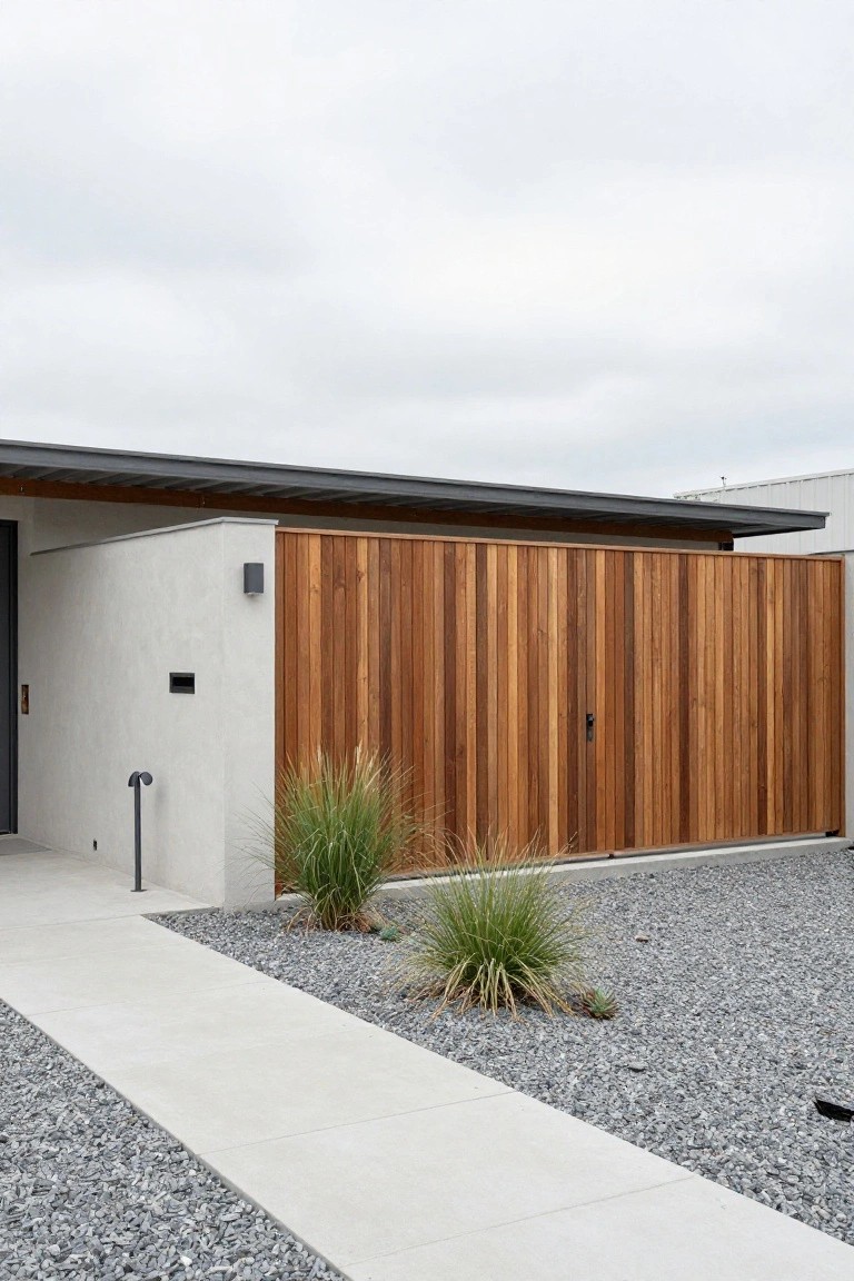 Modern home with tall wooden slat gate, stucco wall, gravel and grasses