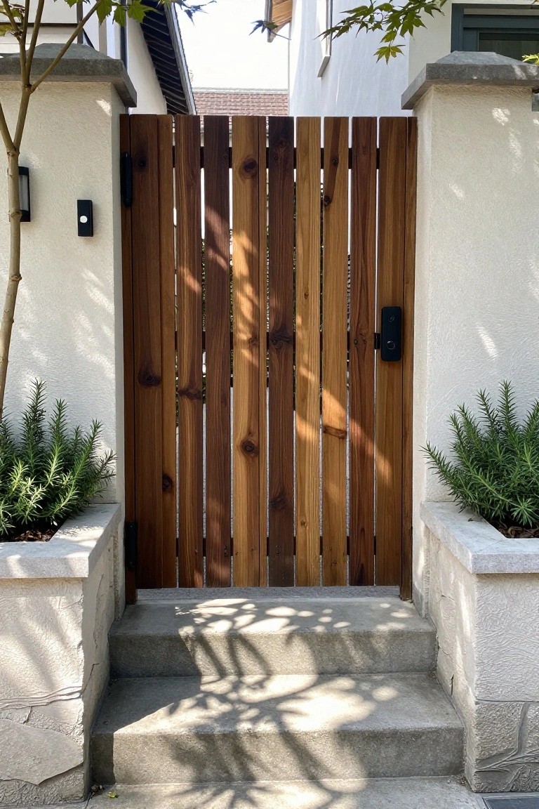 Wooden slat gate between stone pillars above shadowed concrete steps with plants.
