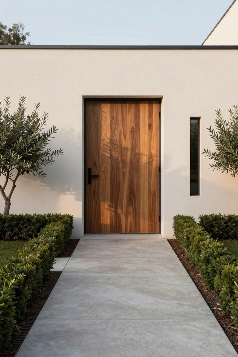 A modern wooden front door with vertical grain and black hardware set in a white exterior wall next to a narrow vertical window, with a concrete walkway and green hedges on both sides.