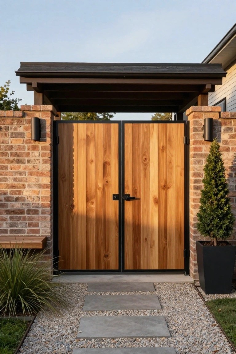 Double wooden gate with vertical planks and black metal frame, installed between brick pillars beneath a dark roof structure, with a stone path in the foreground.