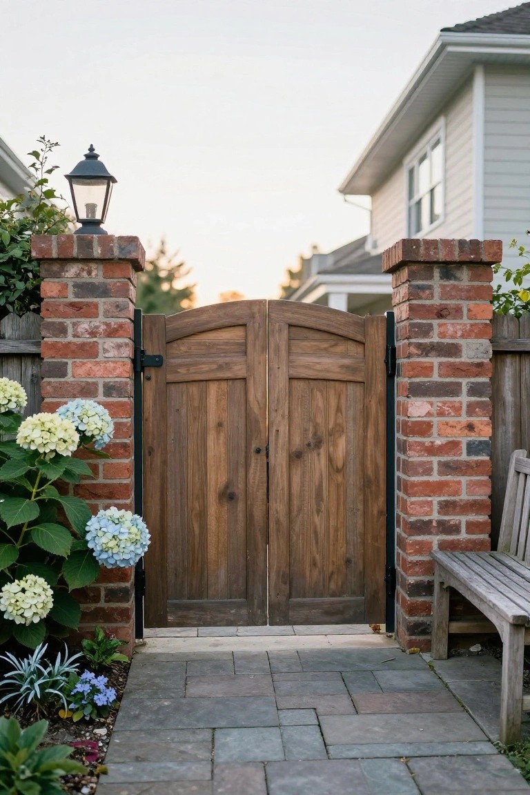 A double wooden gate with arched tops is set between two tall brick pillars along a paved walkway, with hydrangeas visible on the left.