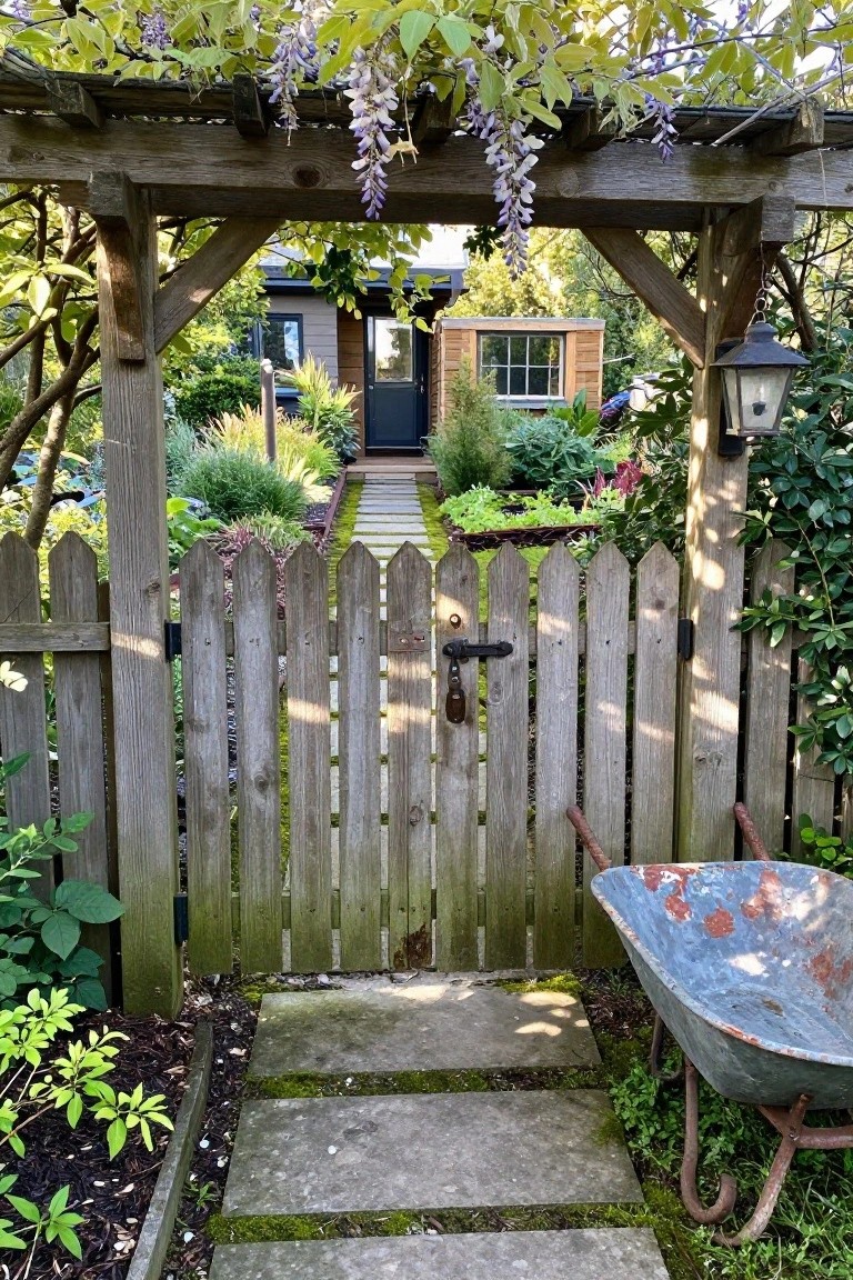 A weathered wooden picket gate set beneath a pergola covered in hanging purple flowers, with a stone path leading toward a house.