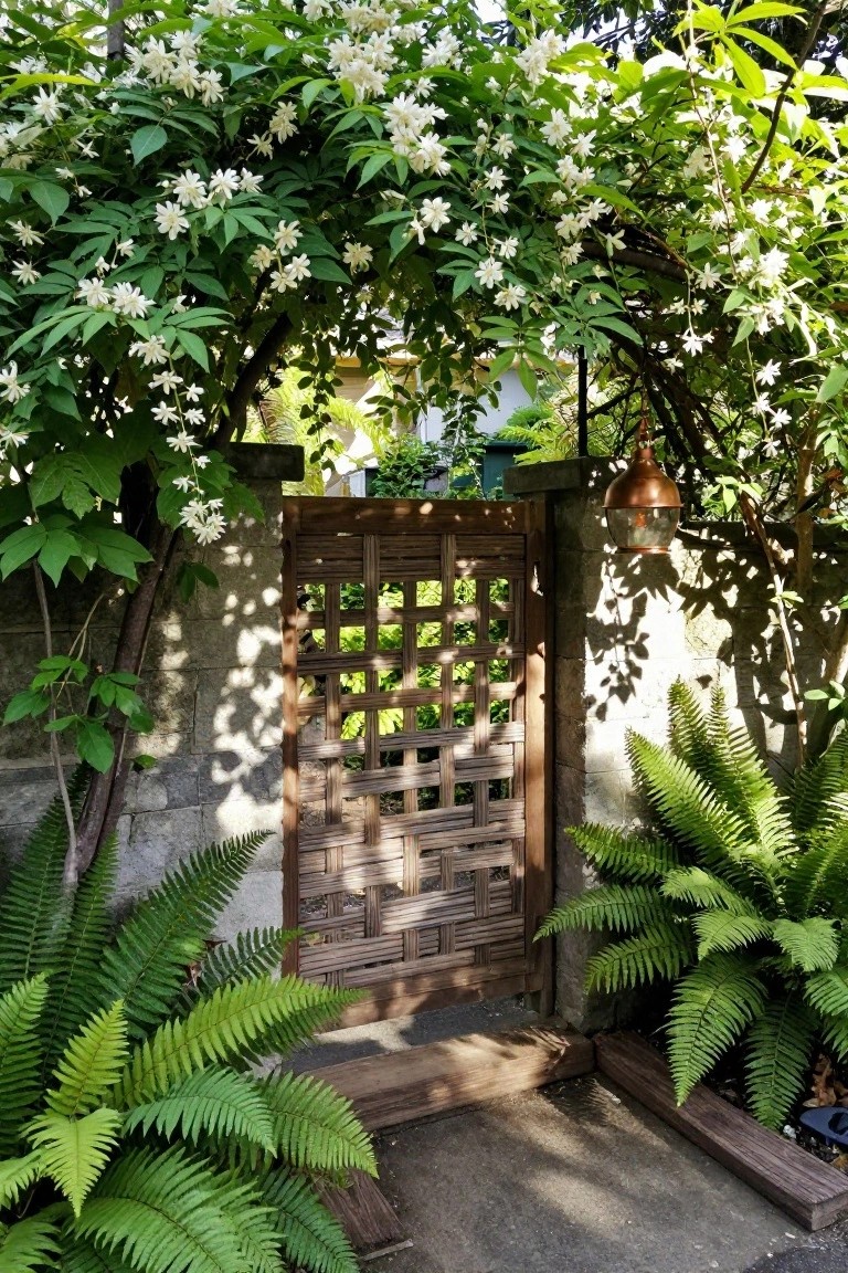 A wooden gate with an upper lattice section and lower woven panels set between stone pillars, framed by ferns and white flowering vines with a copper lantern on the right.