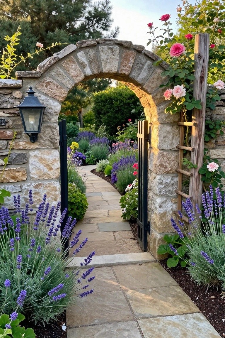 Stone archway with open black gate over lavender-lined stone path amid pink roses