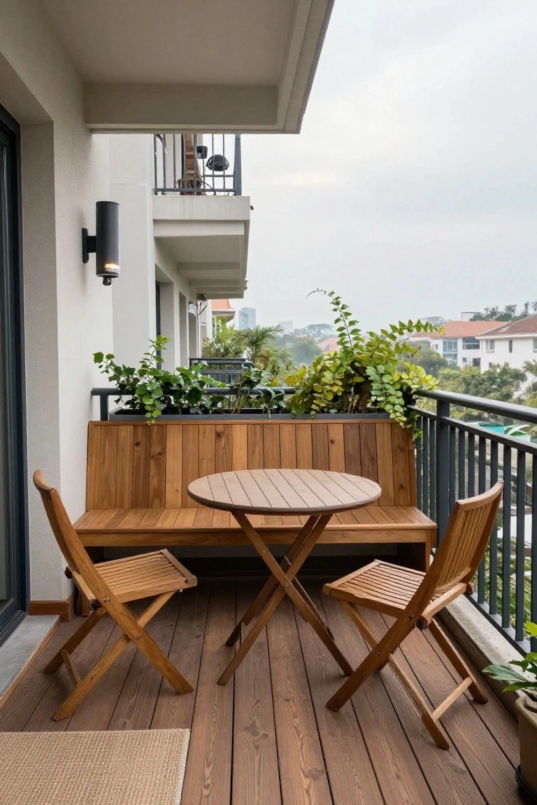 A wooden balcony with a built-in bench along the railing, a round table, two folding chairs, and potted plants on dark decking.