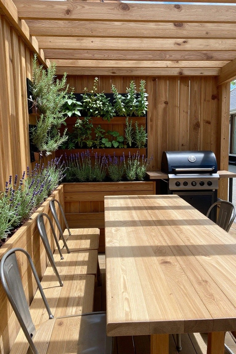 Wooden outdoor dining table with benches, lavender planters, vertical garden, and grill