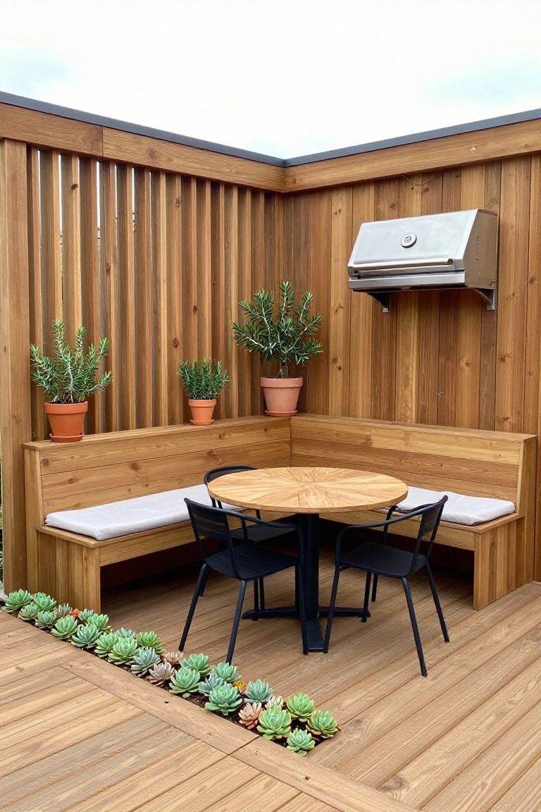 A wooden patio corner with built-in benches, a round table, black chairs, a wall-mounted grill, potted plants, and a strip of succulents along the deck edge.