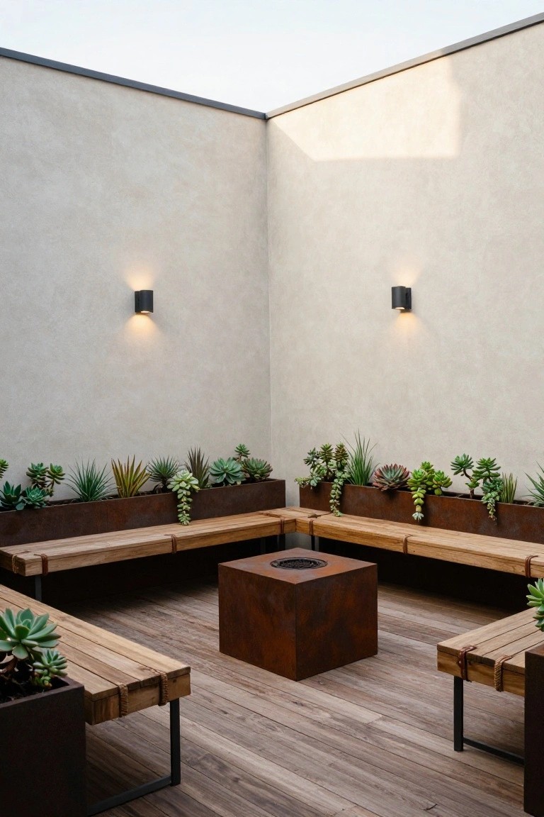 Corner patio with L-shaped wooden benches, a central square metal fire pit, and raised metal planters with succulents along two stucco walls.