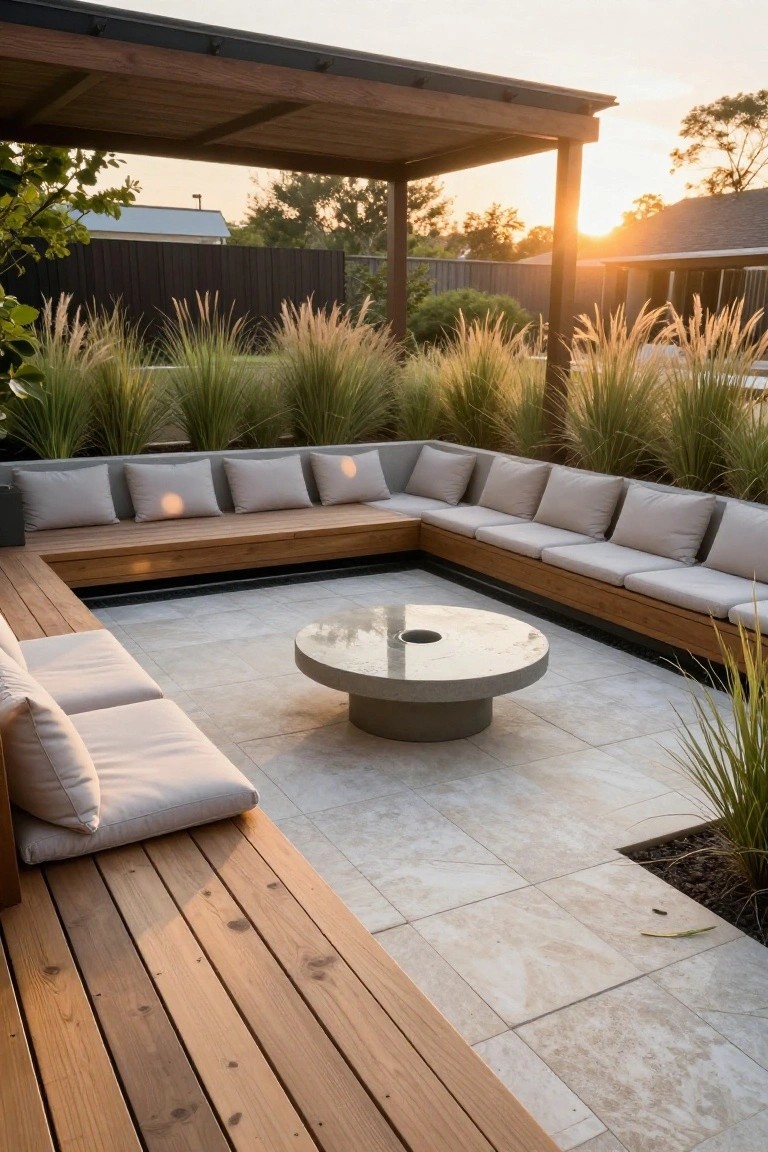 An outdoor patio with L-shaped wooden built-in seating topped with light cushions, a round concrete table in the middle, and tall grasses bordering the space under a wooden pergola.