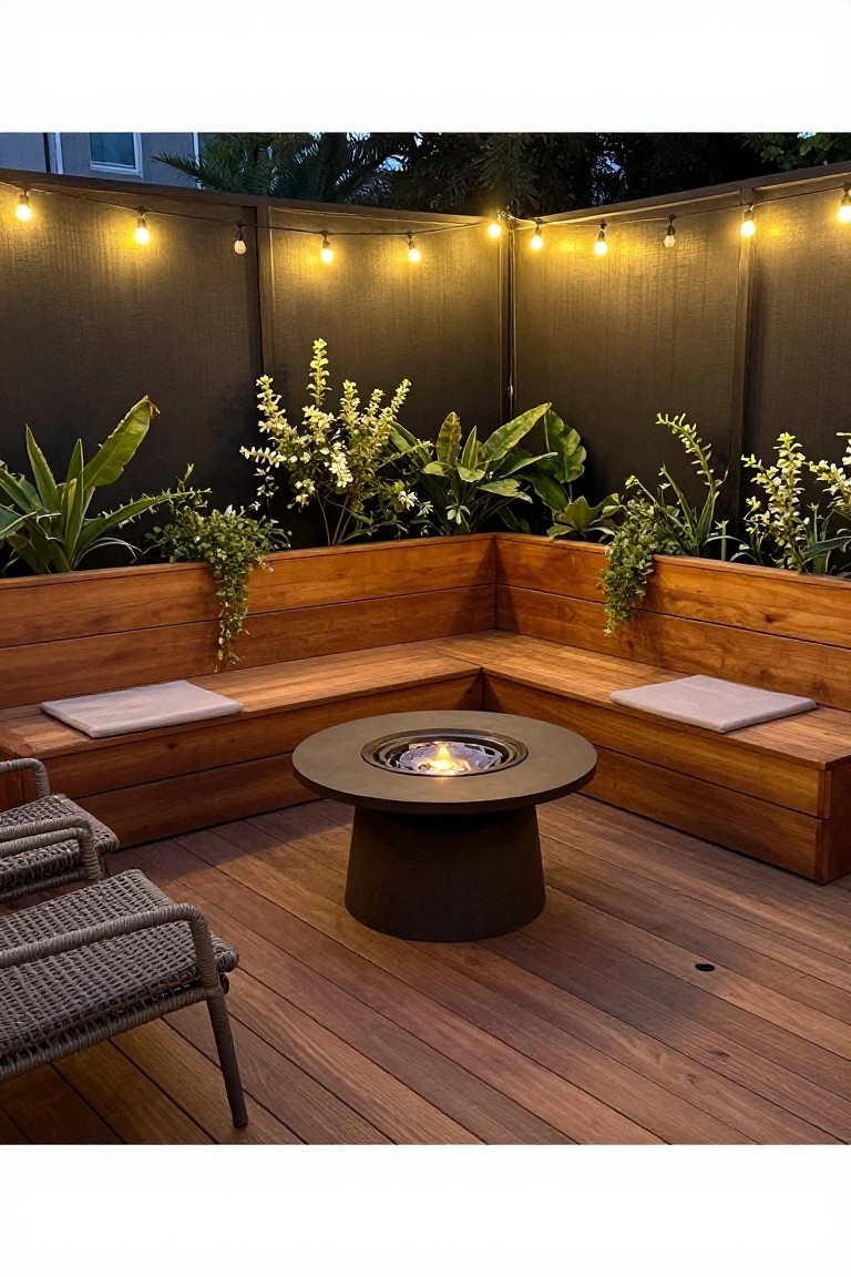 Wooden deck with L-shaped built-in benches, a round fire pit in the center, string lights on the fence, and plants along the back.