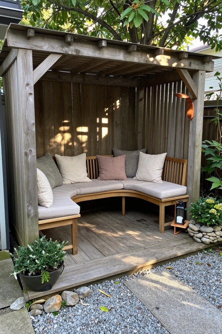 A wooden patio shelter with a curved built-in bench, cushions, and potted plants on a gravel and deck surface.