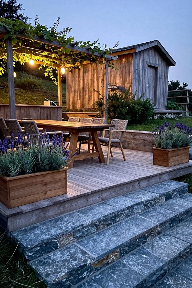 A wooden deck with a pergola overhead, a dining table and chairs, raised wooden planters holding lavender, and stone steps leading up to the space.
