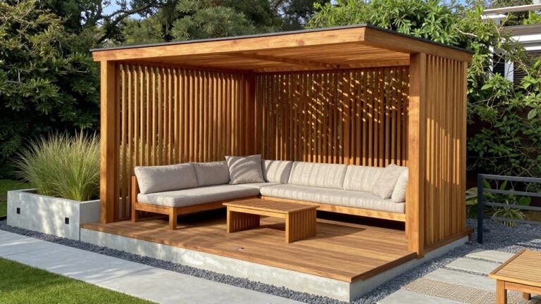 Wooden deck under pergola with cushioned sofa, side tables, rug, and garden.