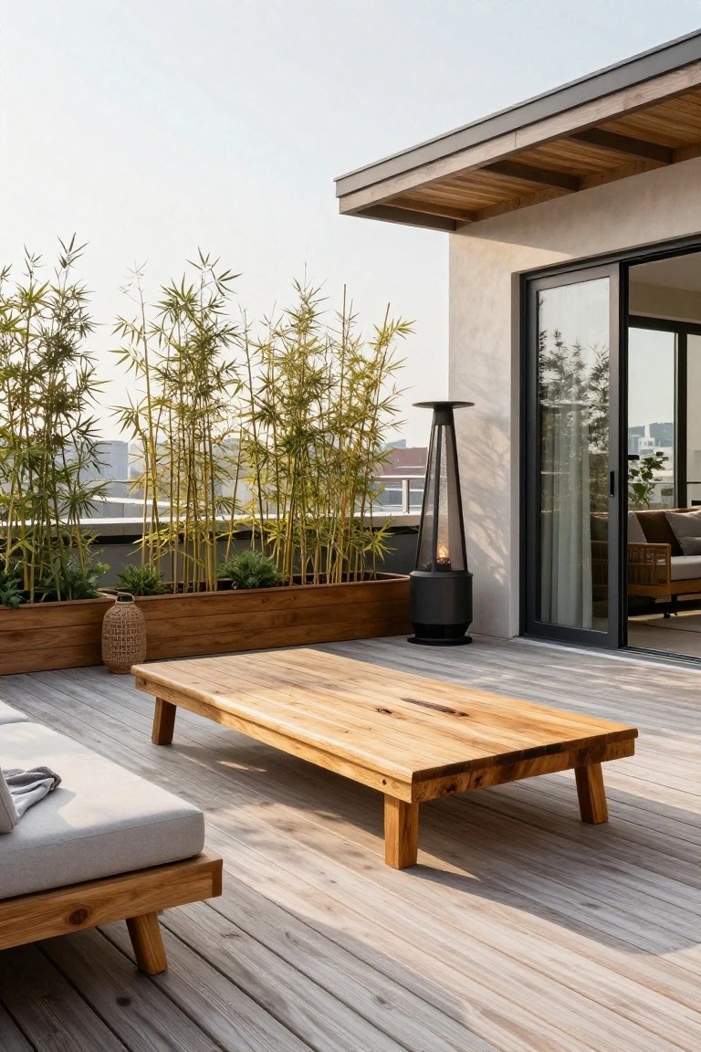 A rooftop patio with light wood decking, a low rectangular wood table, an outdoor heater, a wooden planter with tall bamboo, and a modern house with sliding glass doors.