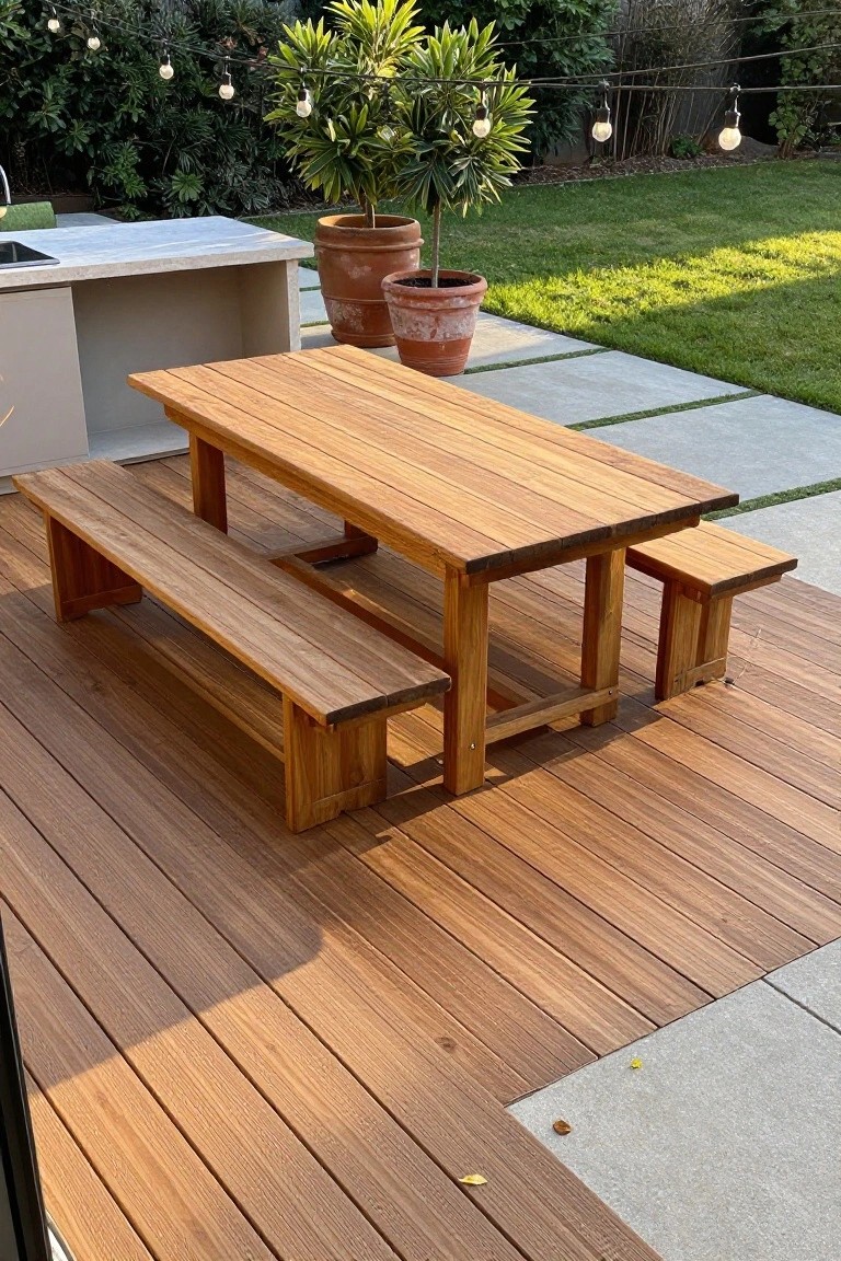 Wooden picnic table and benches on a deck with potted plants and string lights