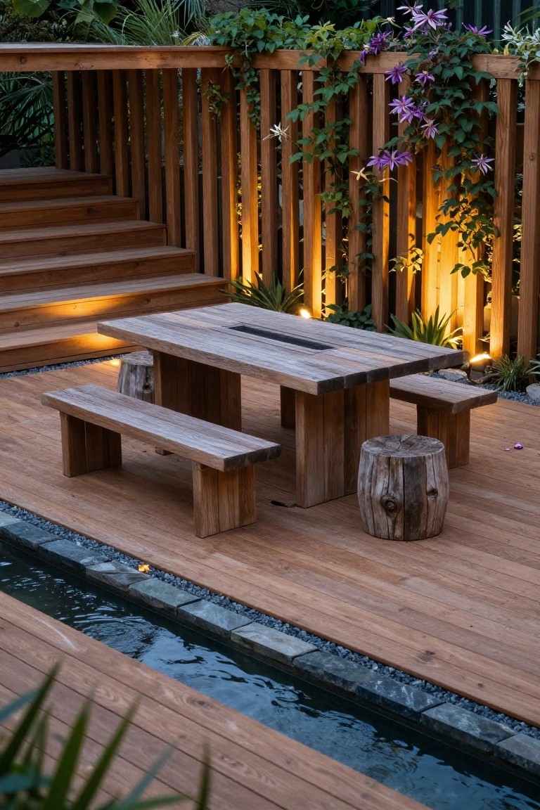 A rectangular wooden table with side benches on a deck next to a narrow water feature, with a vertical wood fence and climbing plants behind it.