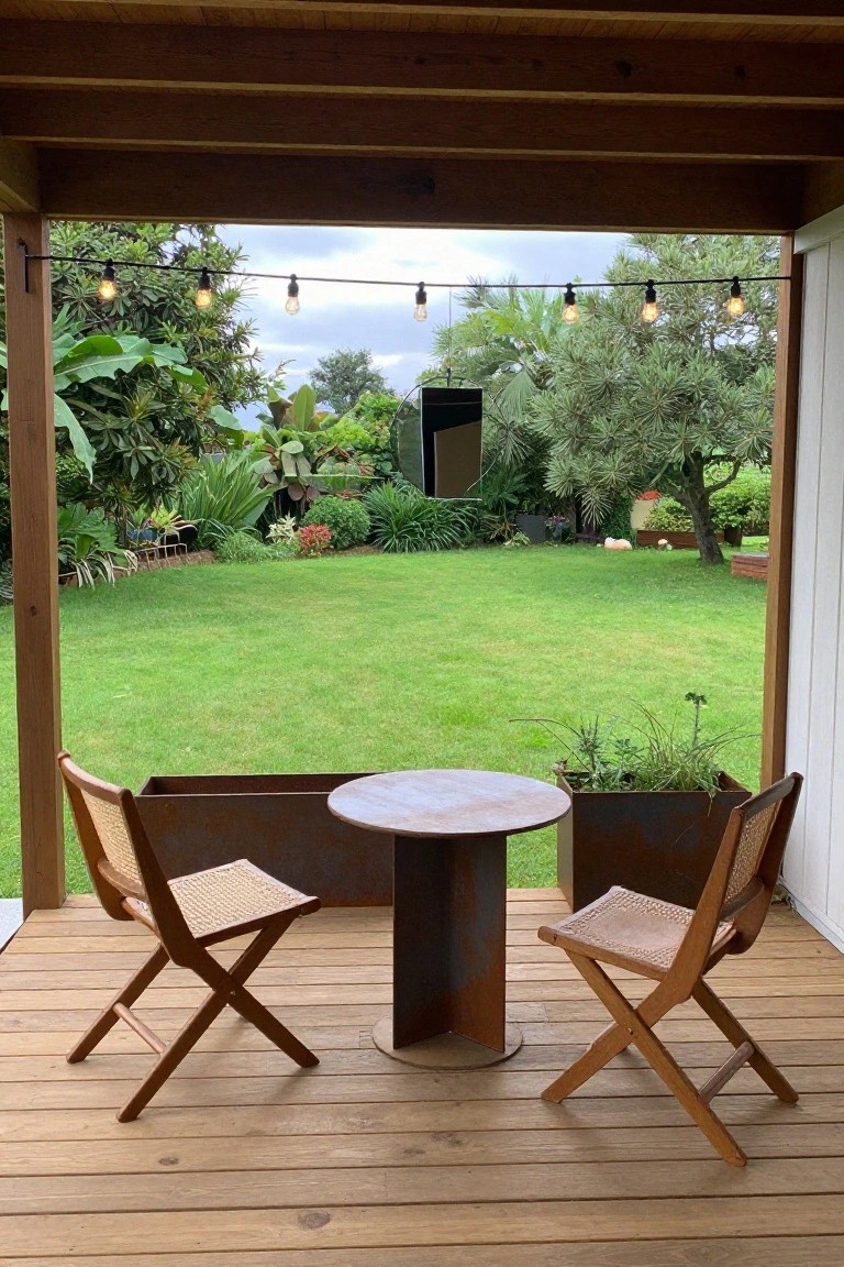 A wooden deck under a covered structure with two wooden folding chairs and a round table, overlooking a green lawn and garden.