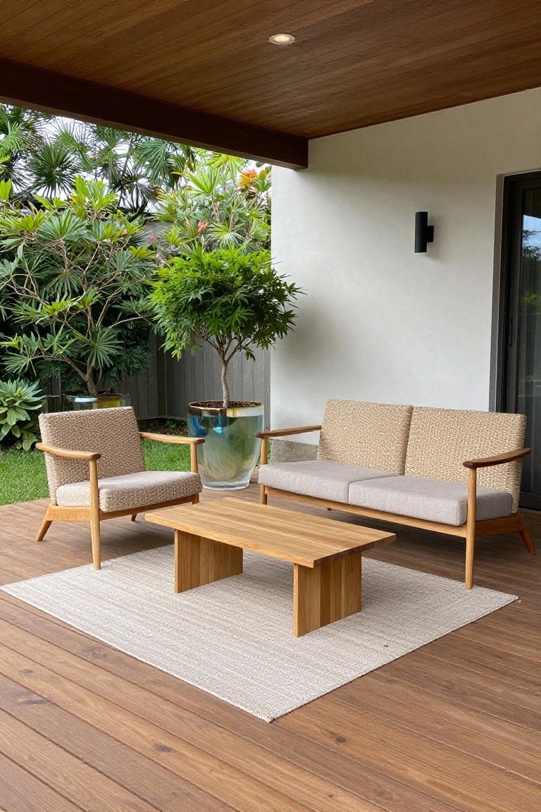 A modern wooden patio setup with a woven sofa, matching armchair, rectangular coffee table on a light rug, and large potted plants on a deck under a covered ceiling.