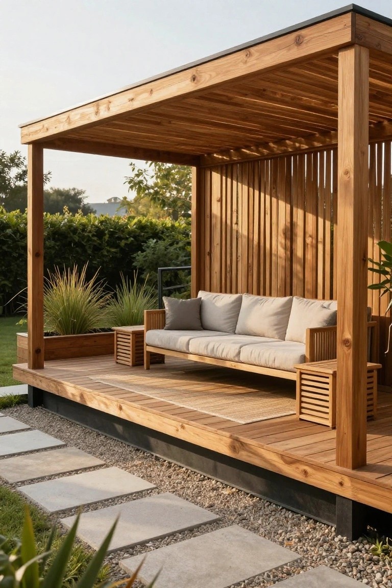 Wooden deck under pergola with cushioned sofa, side tables, rug, and garden.
