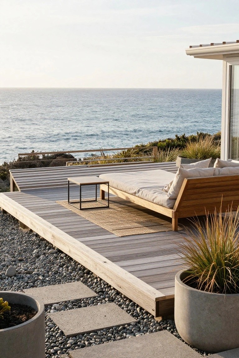 A wooden deck with horizontal planks holds a low lounge bed and small side table, set above gravel with potted plants and an ocean view beyond.