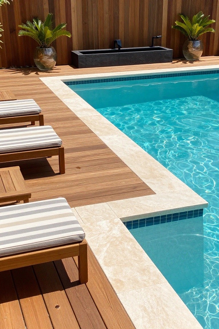 Wooden decking meets a swimming pool edge with striped lounge chairs and large potted plants in view.