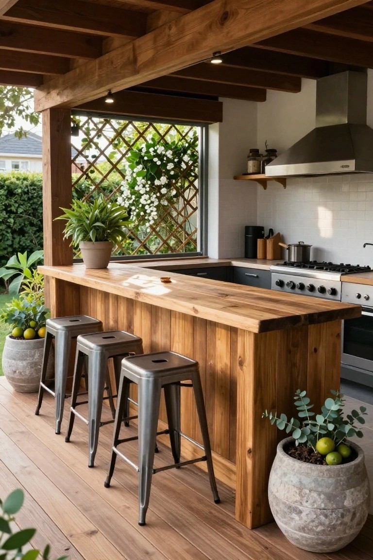 A long wooden bar counter with three metal stools sits in a covered outdoor kitchen area next to a stainless steel range and range hood.
