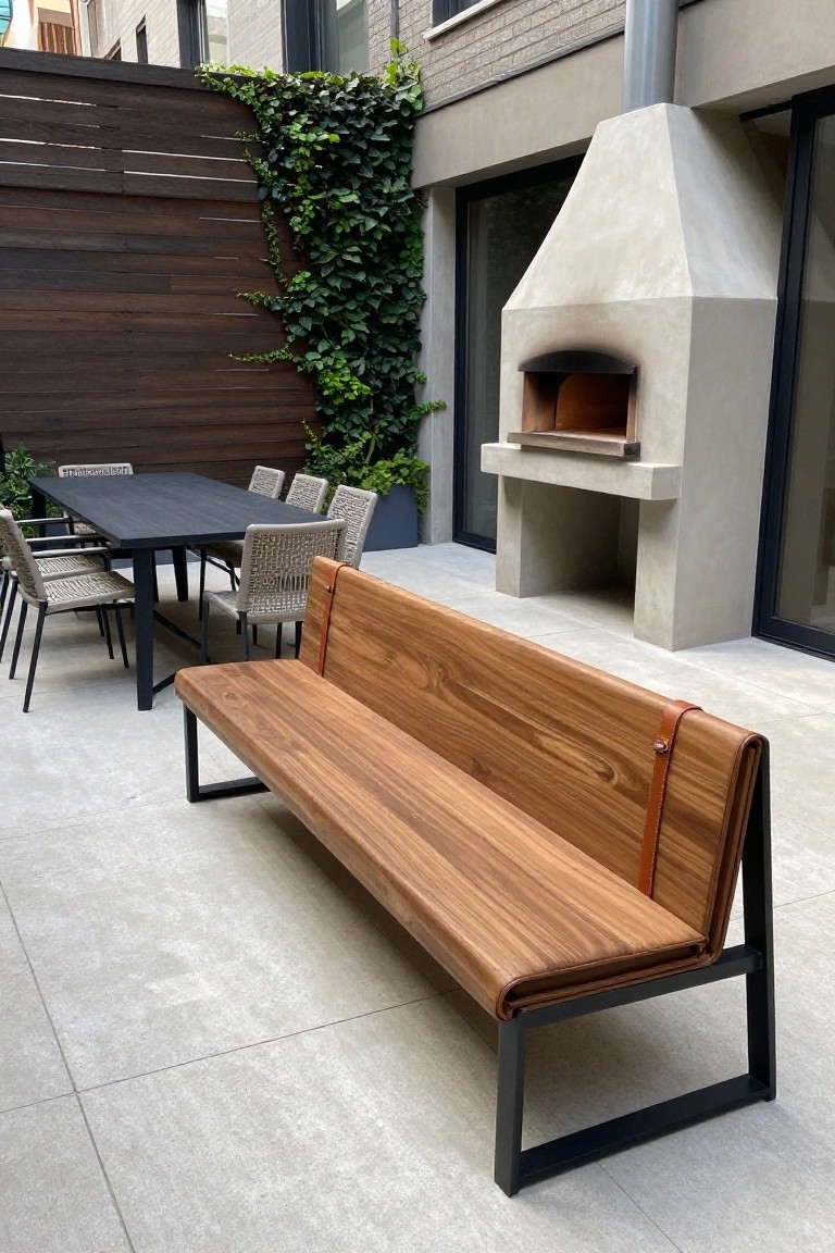 A modern wooden bench with a natural finish and black metal frame sits on a concrete patio next to a dining table and outdoor fireplace.
