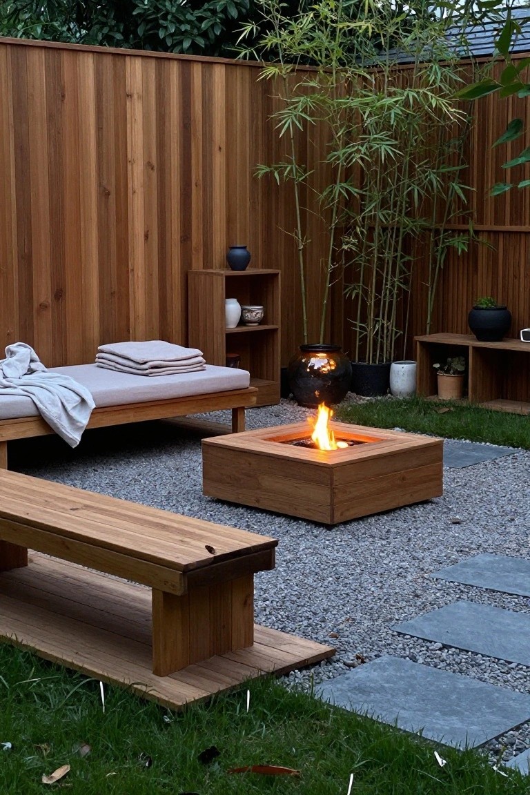 A square wooden fire pit with flames sits on gravel next to a wooden bench and daybed, with a wooden fence and bamboo plants behind.