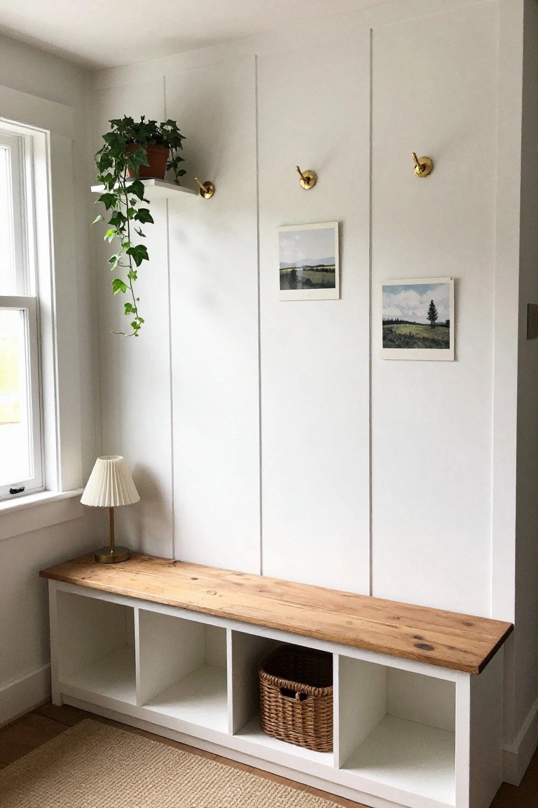 White paneled wall with brass hooks, framed art, hanging plant, and wooden bench