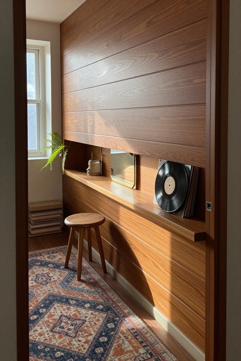 Wood-paneled wall unit with vinyl records on shelf, wooden stool, and patterned rug