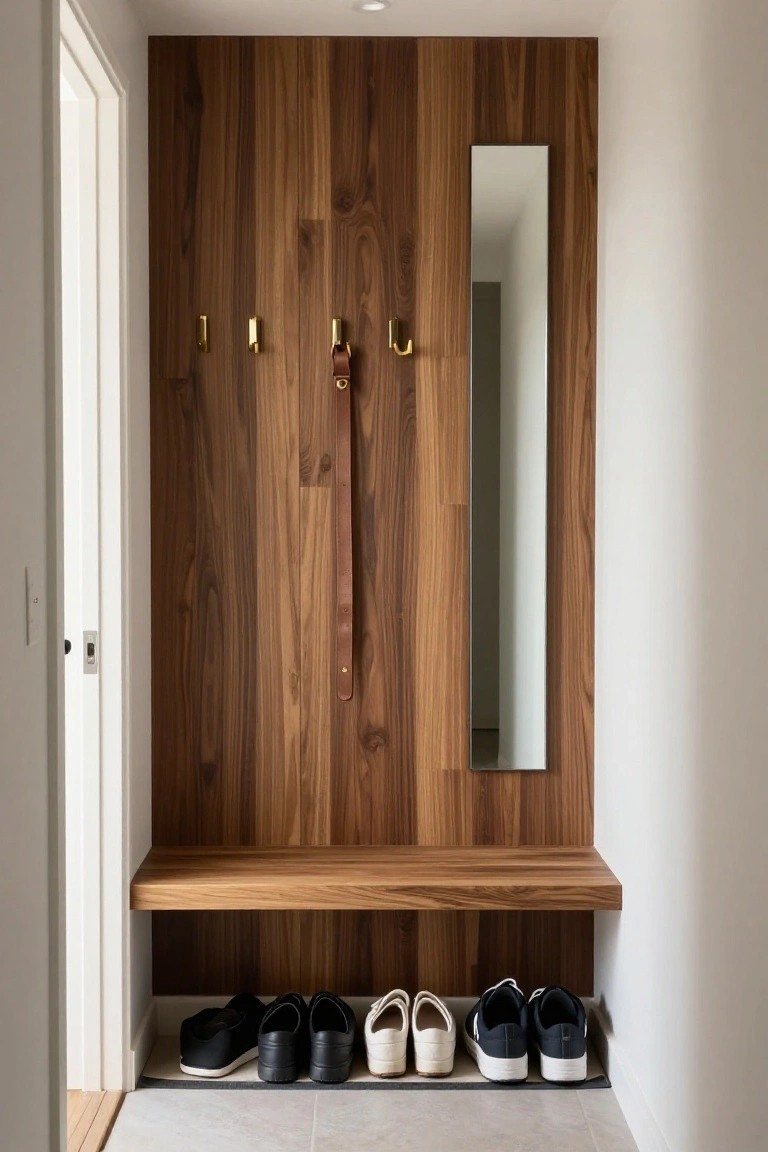 Modern walnut entryway with gold hooks, mirror, bench, and shoes below