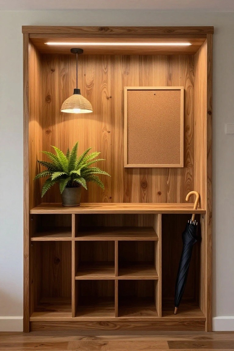 A recessed wooden built-in with cubby shelves, bench surface, integrated lighting, potted plant, corkboard, and umbrella inside a wood-paneled entry alcove.