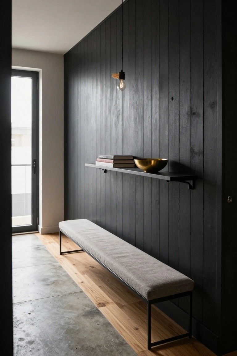 A narrow interior hallway with dark vertical wood paneling, a floating shelf holding stacked books and a bowl, and a long gray bench on a light wood floor strip next to concrete.