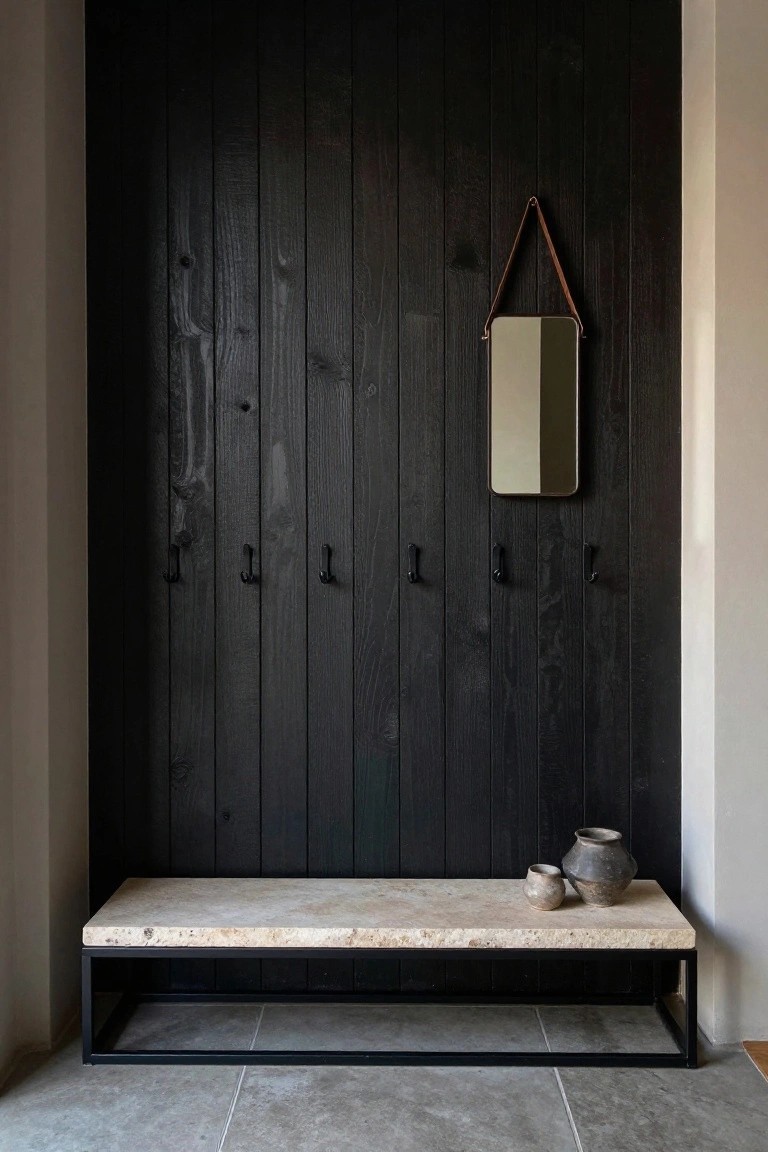 Dark vertical wood accent wall with black hooks, a light stone bench below, a hanging rectangular mirror, and two small ceramic vases on the bench.