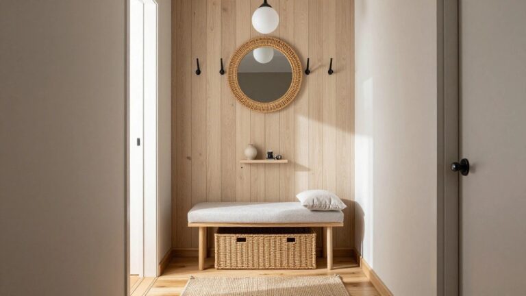 A narrow entryway with vertical light wood paneling, black hooks, a round mirror on a rope, a small floating shelf, a cushioned bench, and a wicker basket below.