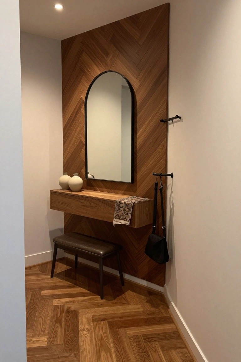 A small entryway with a herringbone wood accent wall, arched mirror, floating wood shelf, brown bench, and black hooks holding a bag.