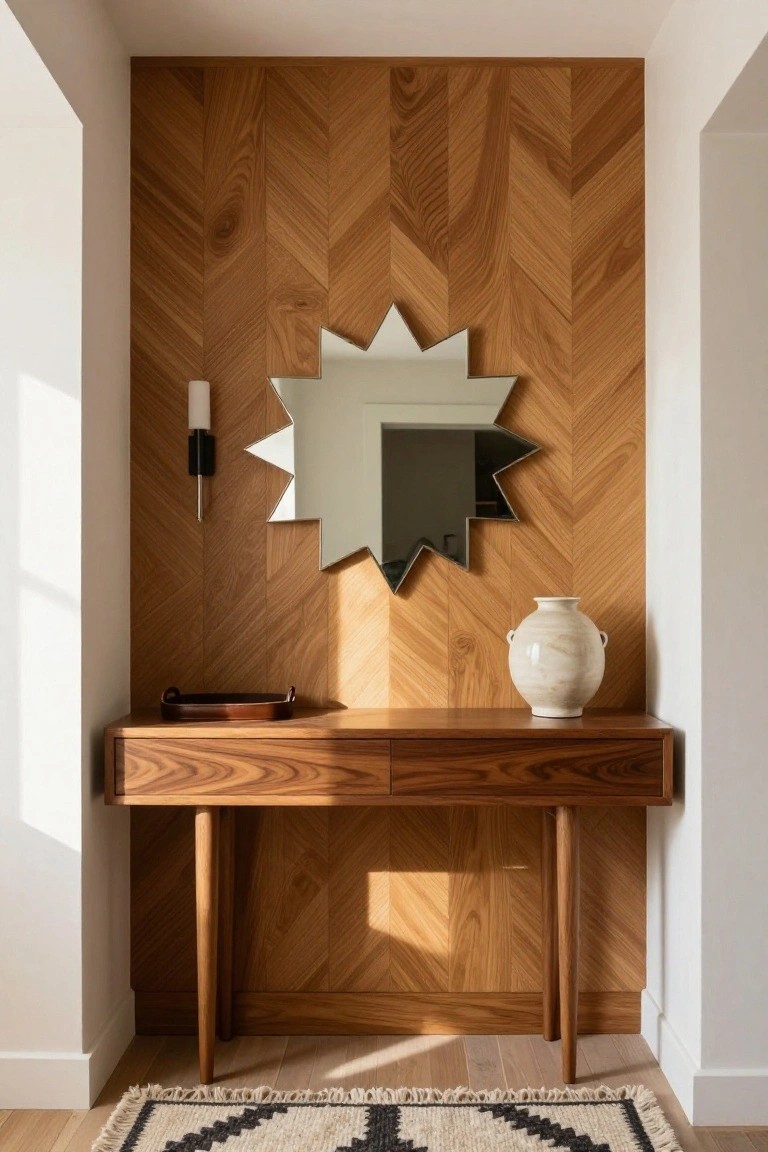 A narrow entryway featuring a herringbone wood accent wall with a wooden console table, starburst mirror, wall sconce, and white vase.