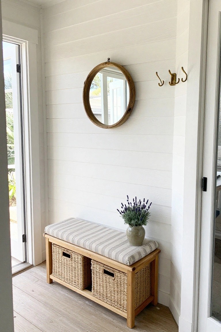 A small entryway featuring white shiplap walls, a wooden bench with two woven baskets underneath, a round wood-framed mirror, and brass hooks on the right wall.