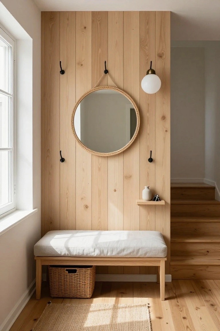 A narrow entryway with vertical light wood paneling, black hooks, a round mirror on a rope, a small floating shelf, a cushioned bench, and a wicker basket below.