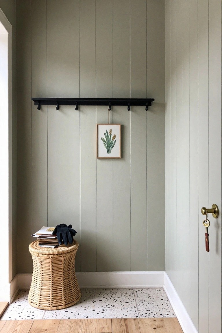 Small entryway with sage green vertical wood paneling, a black wall-mounted coat rack, a small framed print, and a woven stool holding gloves and mail.