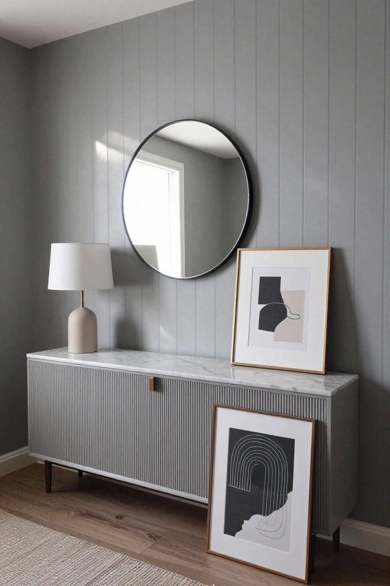 A gray vertically paneled wall features a round mirror above a marble-topped console table with a lamp and two framed abstract prints.