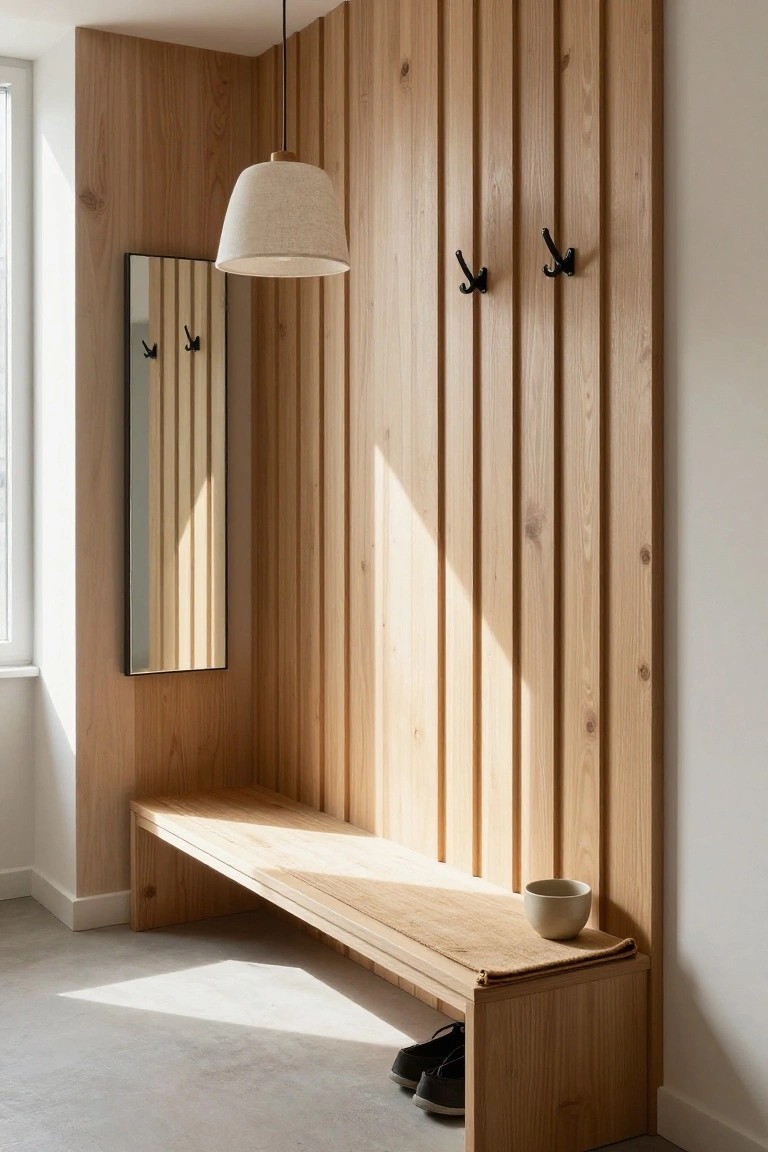 A narrow entryway with vertical light wood paneling on the main wall, black hooks mounted on the panels, a built-in wooden bench along the base, a mirror on the adjacent wall, and a pendant light above the bench.