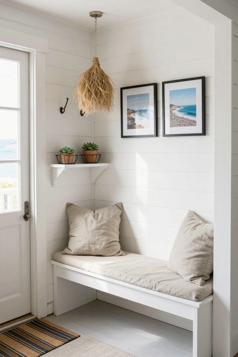 A small white entry nook with horizontal shiplap walls, a built-in bench with beige cushions, a floating shelf holding two succulents, two framed beach photos, and a woven pendant light.
