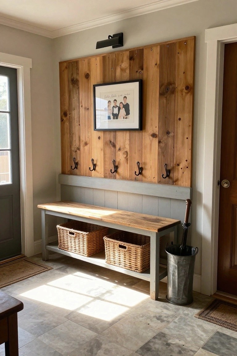 Wooden bench with wicker baskets under hooks on plank wall beside umbrella bucket.