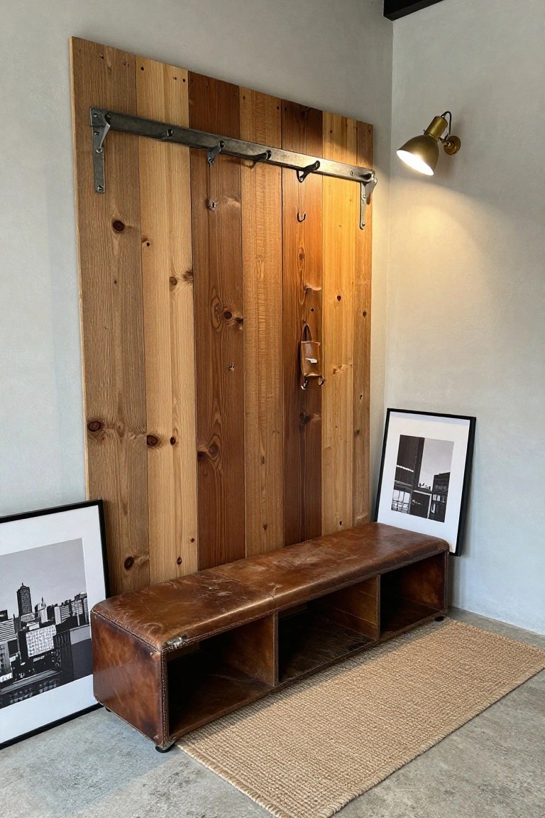 Wooden plank accent wall with metal sliding door hardware style hooks above a brown leather storage bench in an entryway.