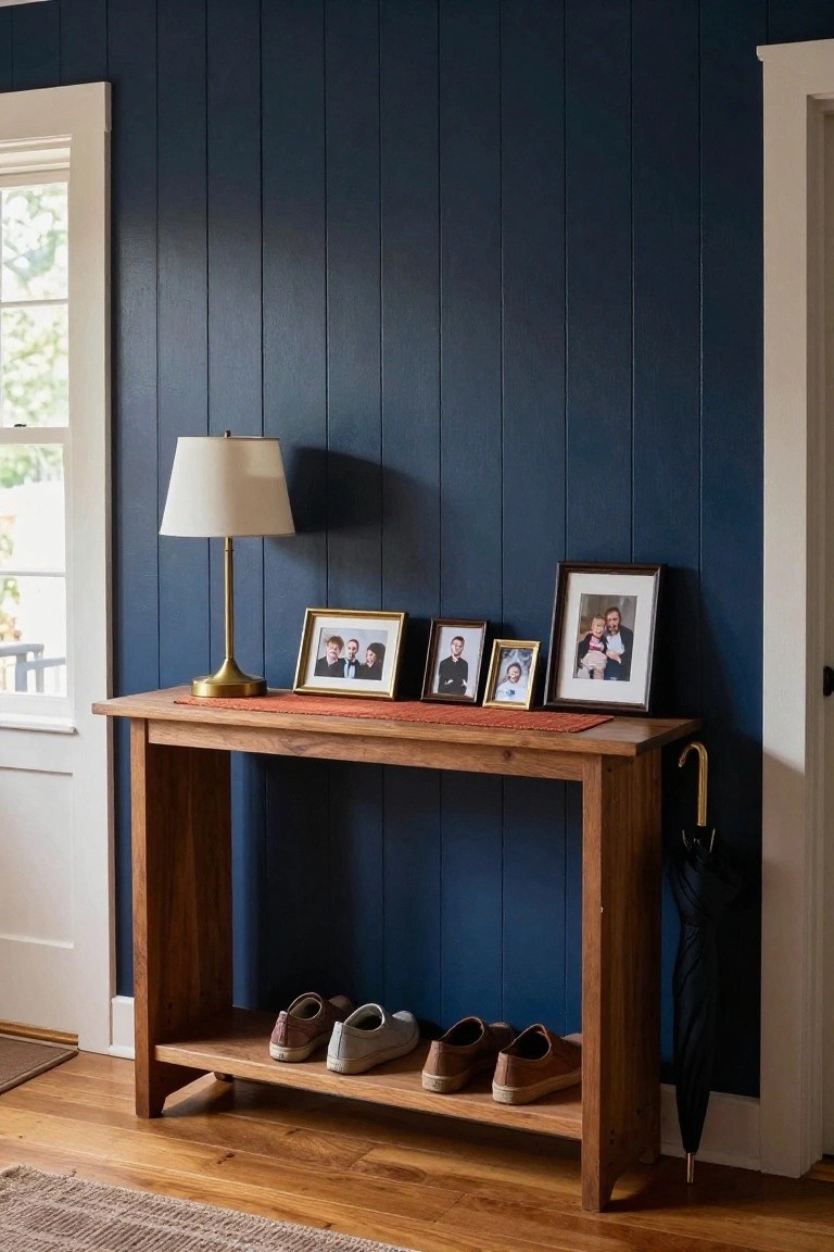 A dark blue wood accent wall with a wooden console table that has a lower shelf holding shoes, a brass lamp on top, framed photos, and an umbrella leaning against the right side.