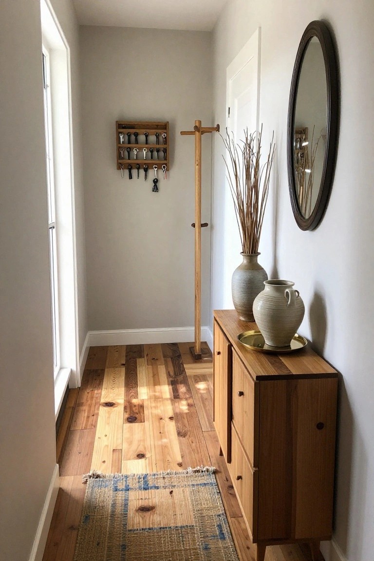A narrow hallway with light walls, wood flooring, a wooden sideboard holding two vases, a wooden coat rack, and a wall key holder.