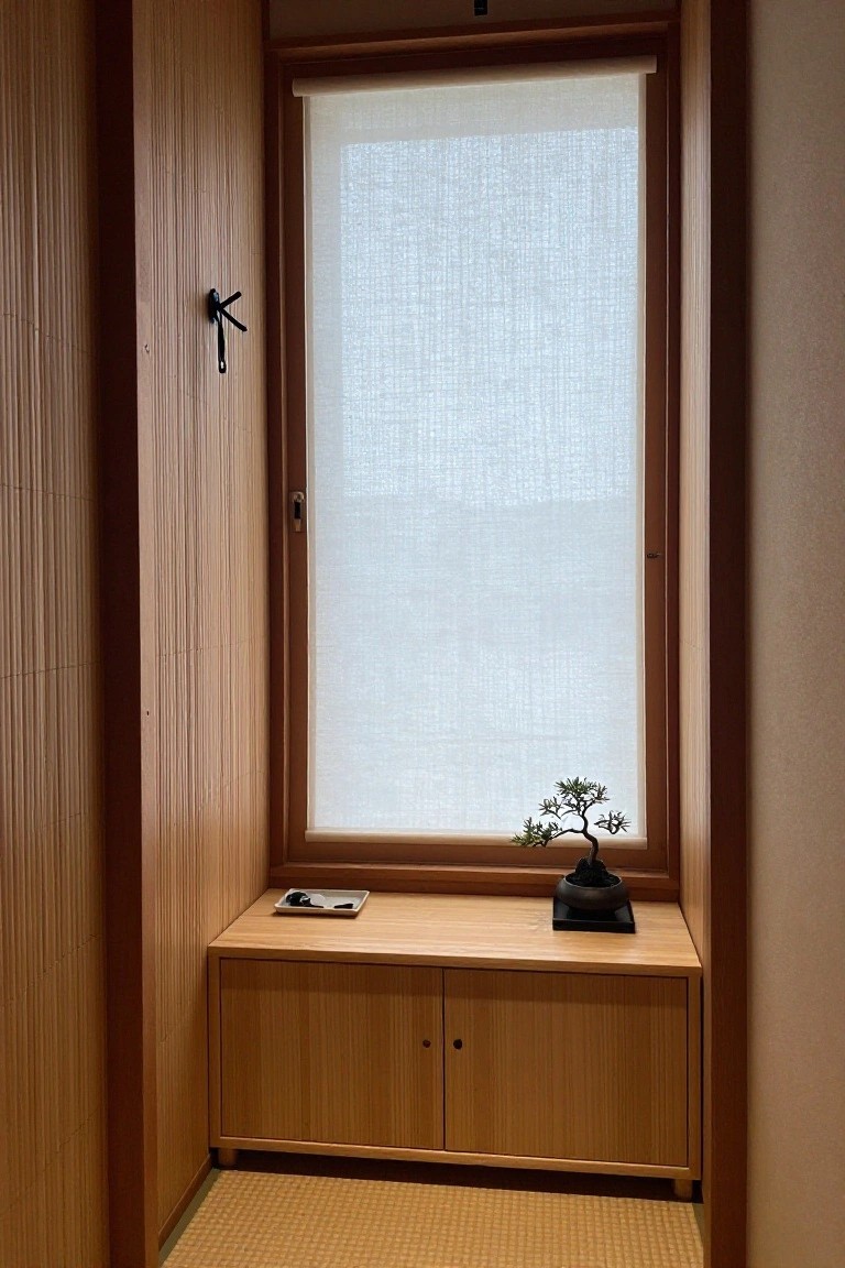 A narrow indoor entry area with vertical wood paneling on the left wall, a wooden window surround with a white roller shade, and a low wooden cabinet under the window holding a bonsai and small tray.